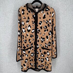 Chicos Long Line Knit Cardigan Sweater Size 1/M Animal Print Hood Cozy NEW